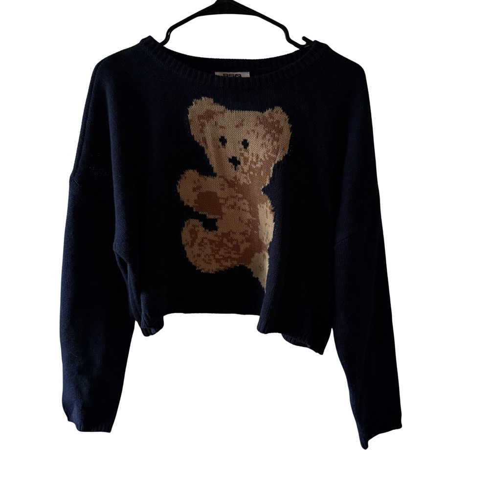 RSQ Womens Navy Blue Teddy Bear Graphic Cropped Knit Sweater Crew Neck Medium